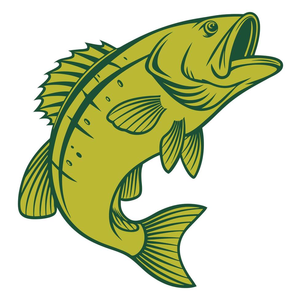 Stylized green and brown largemouth bass jumping illustration fresh catch symbol vector