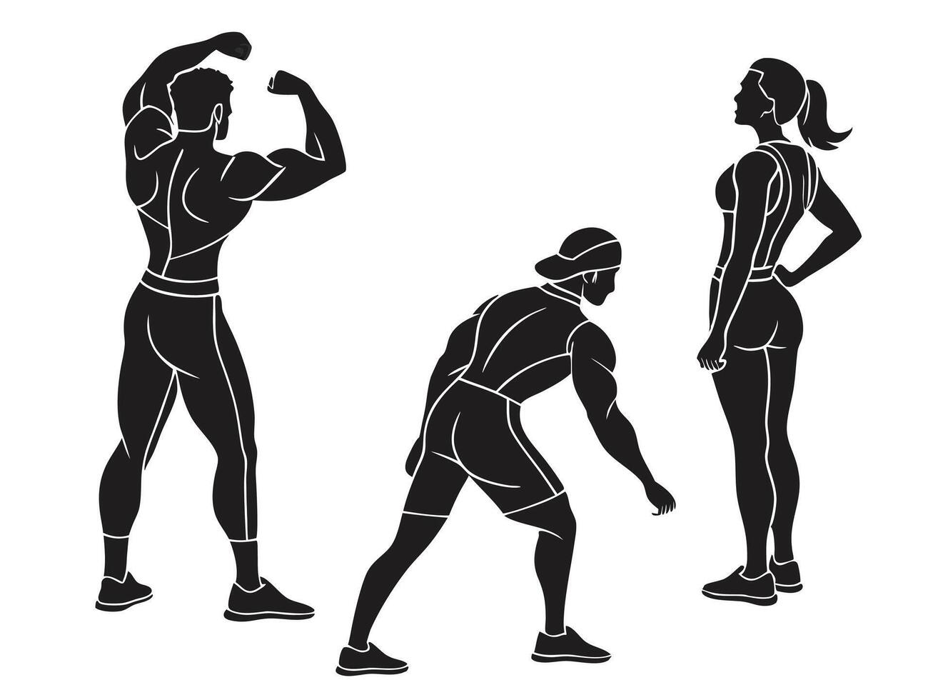 Fitness training silhouette collection of three muscular people posing athlete bodybuilding and gym exercises monochrome vector