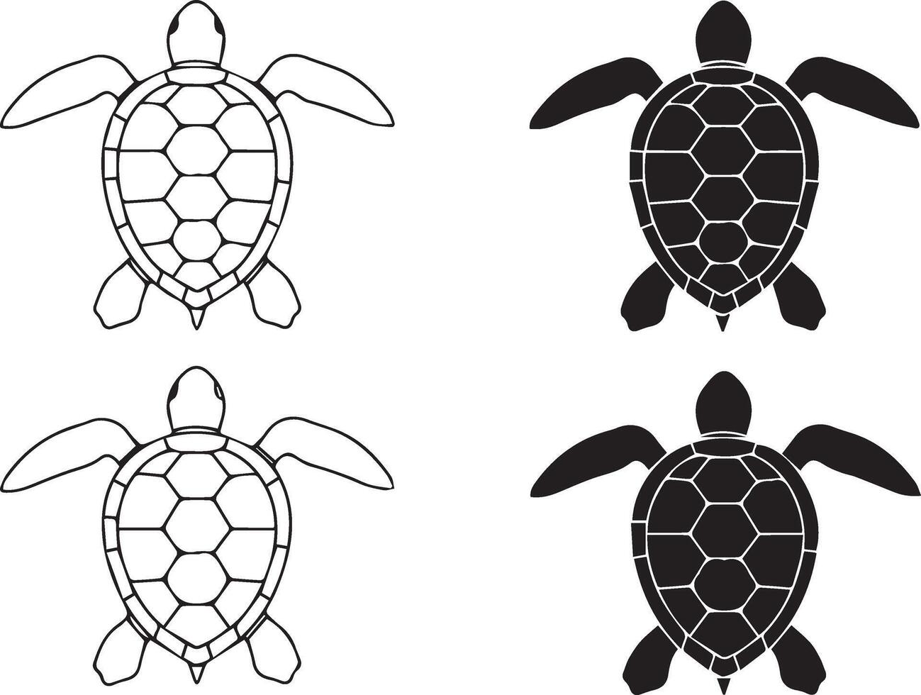 Turtle illustration set outlined and filled sea creature animals isolated on white vector