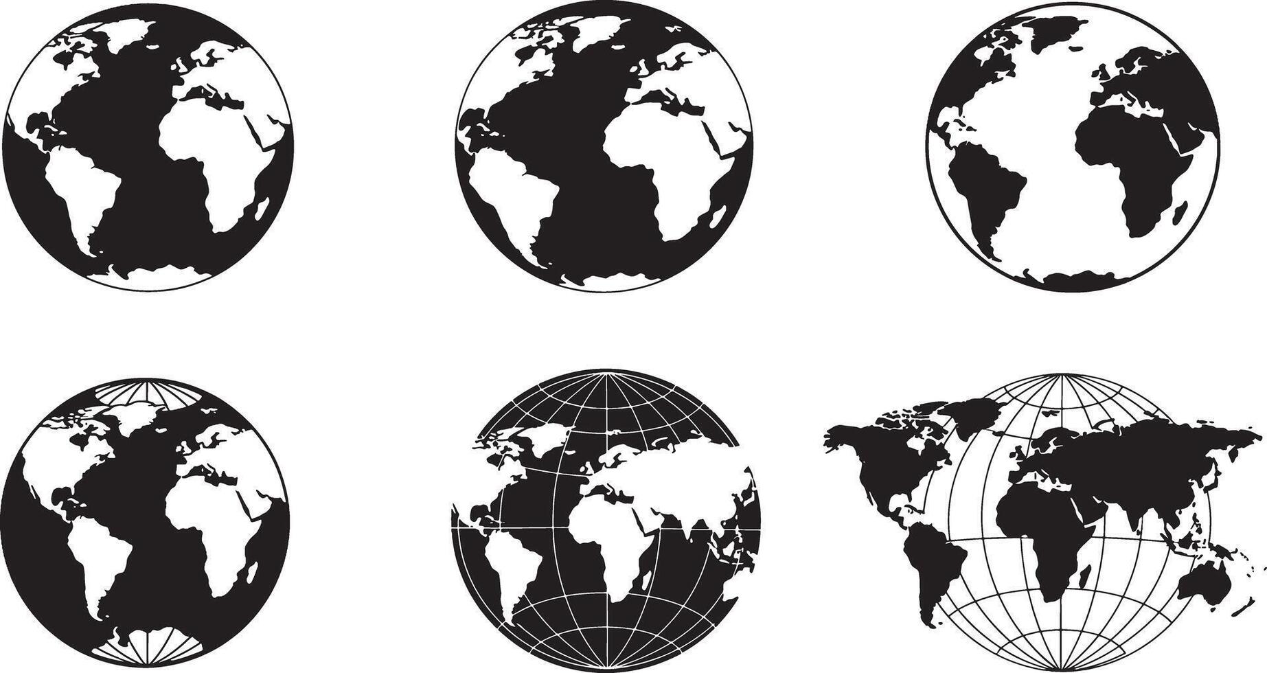 Black and white globe earth icons world map set for geography designs vector