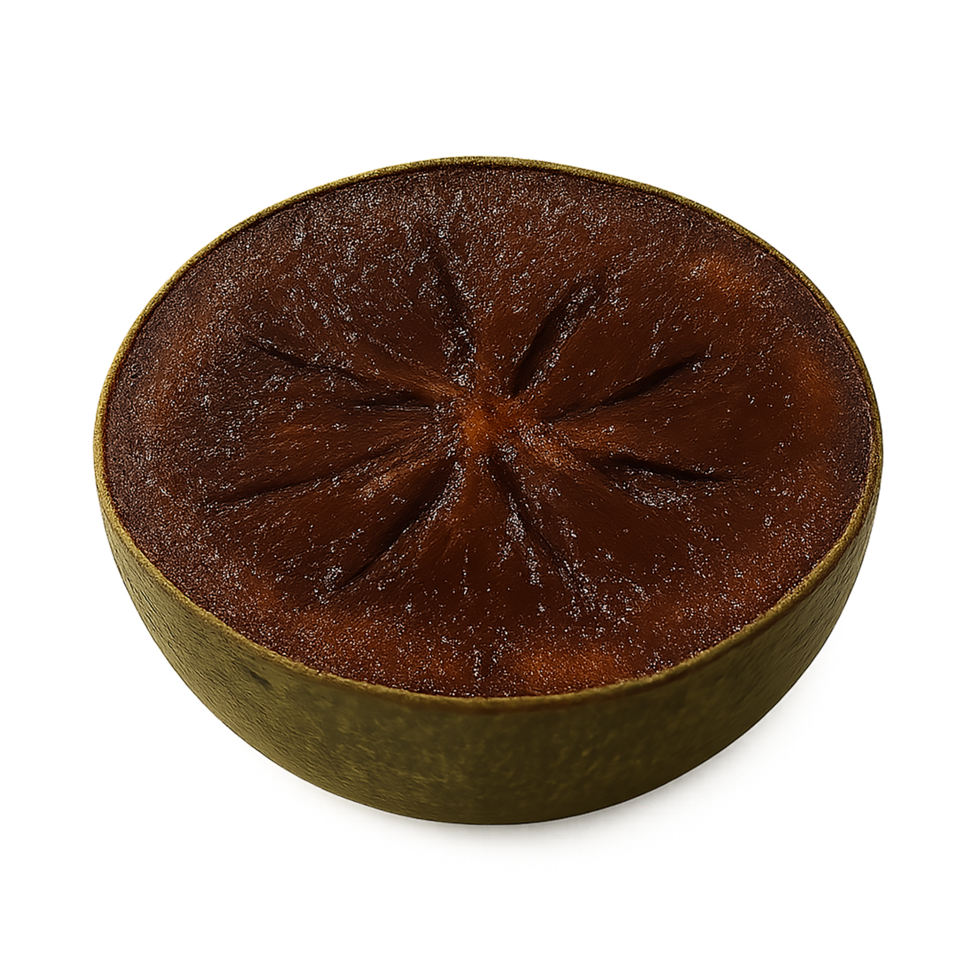 Dark brown dried sapote fruit cut in half showing interior texture png