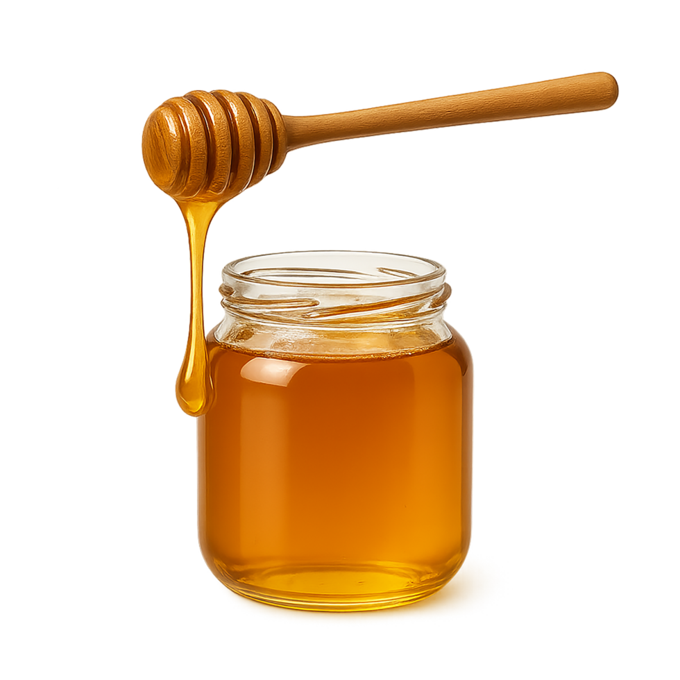 Glass jar of golden honey with wooden dipper resting on top png