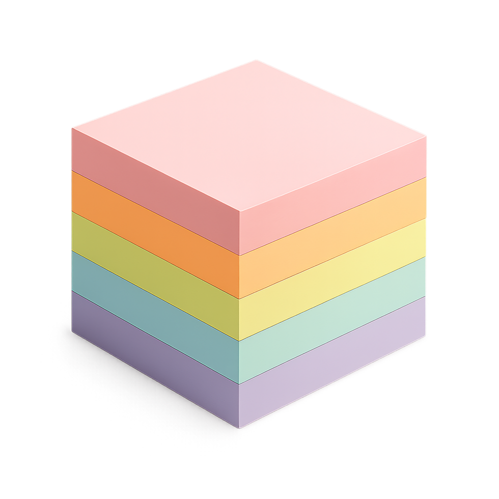 Cube stack of rainbow pastel sticky notes isolated on transparent background png