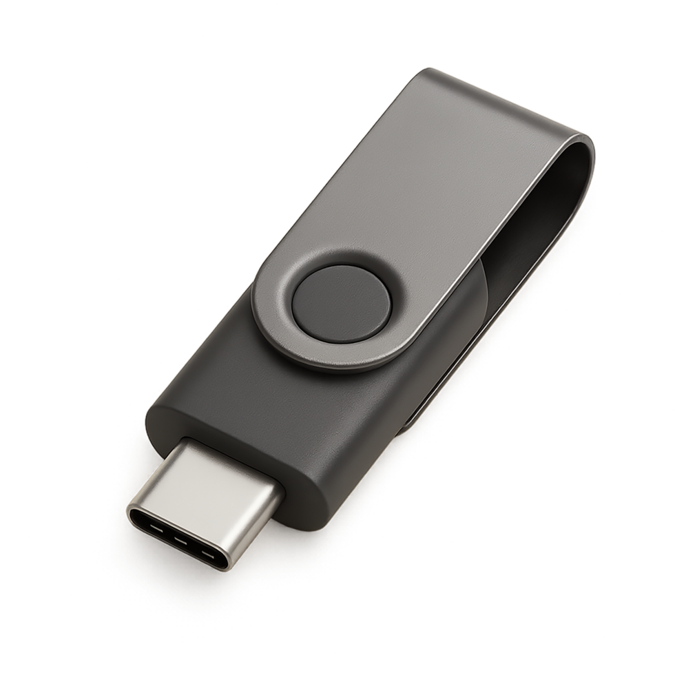 Black USB flash drive with swivel cover isolated on transparent background png