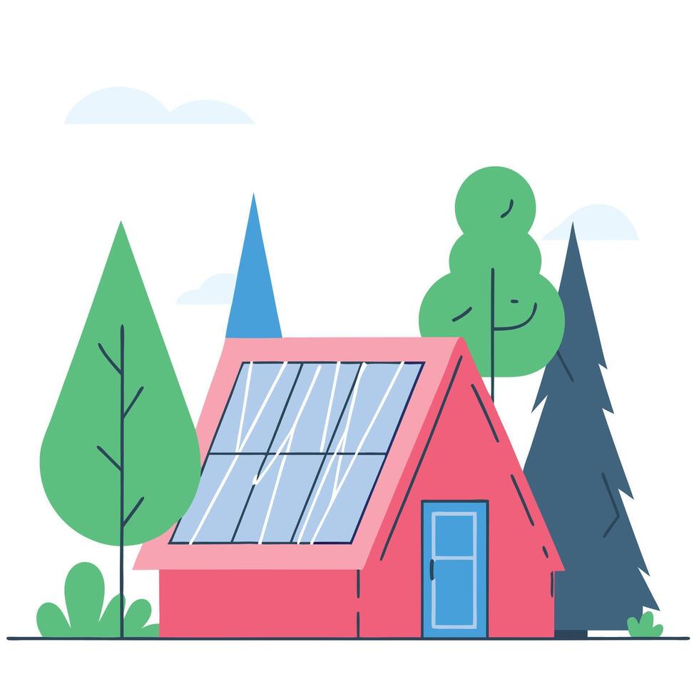 Minimalist solar powered cabin in forest clean energy concept design illustration vector