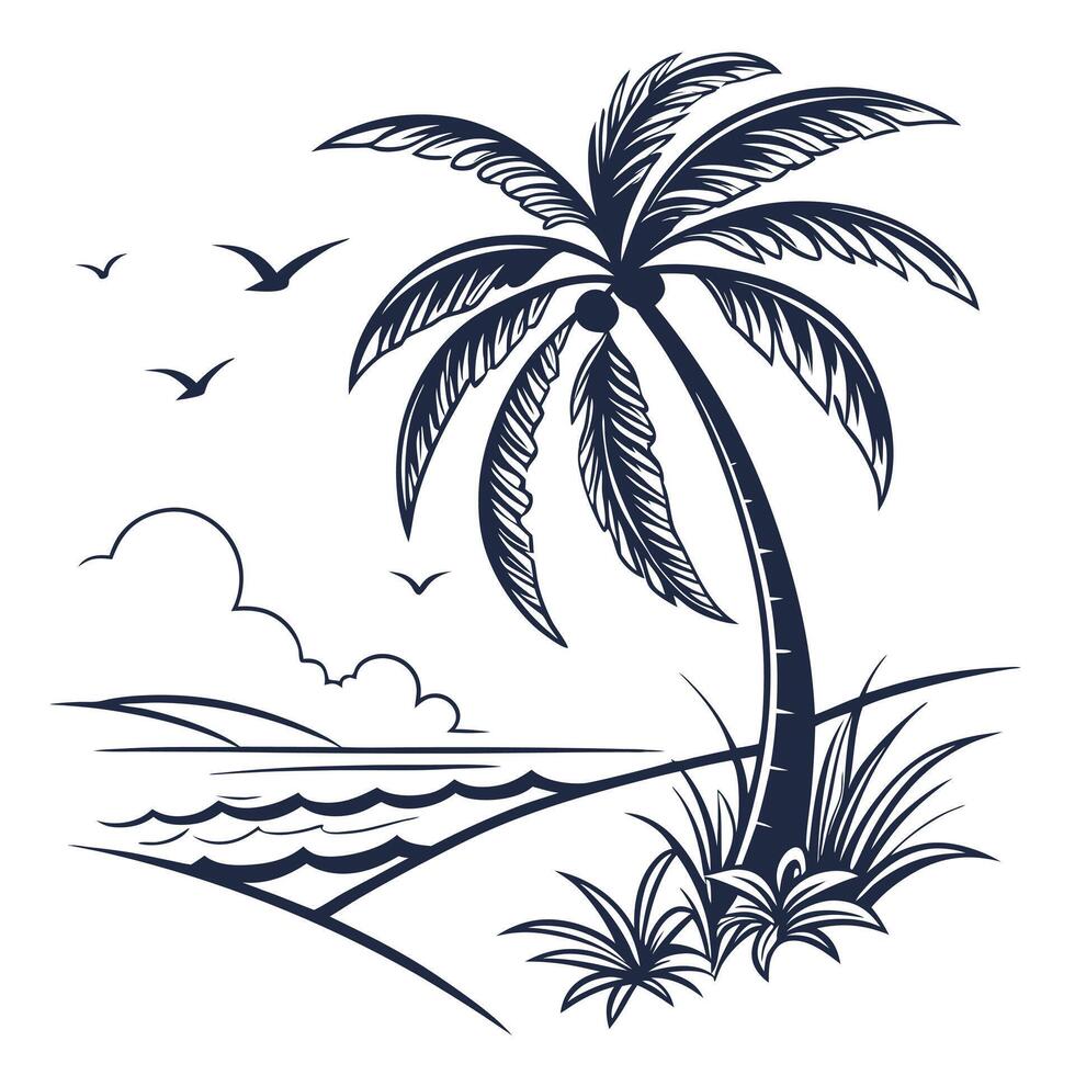 illustration of a tropical beach with palm tree birds and seaside view vector