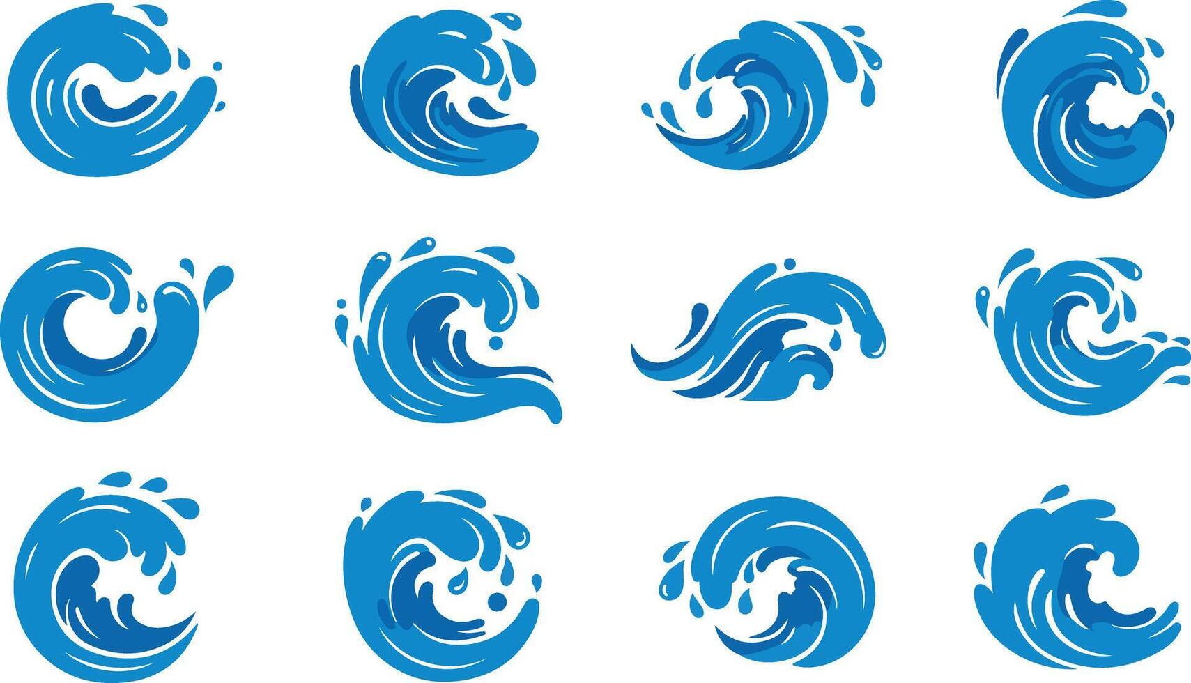Diverse set of cartoon blue water wave icons and splashes isolated on white background with curving shapes vector
