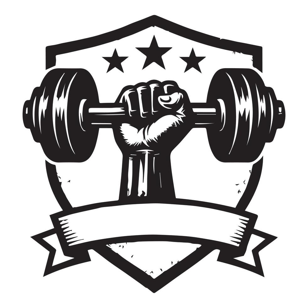 Monochrome design depicting a hand holding a barbell with stars and banner vector
