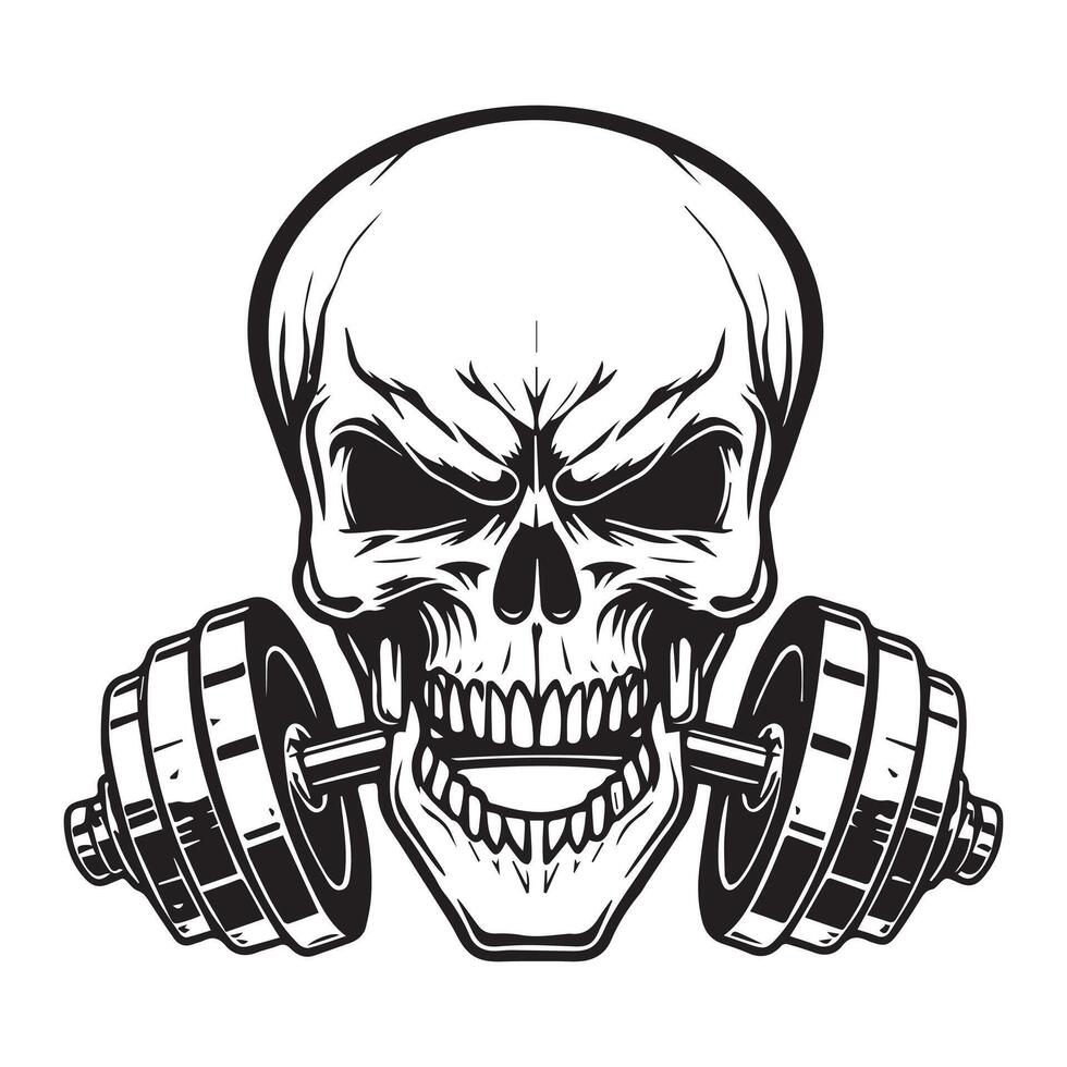 Skull lifting weights black and white illustration for fitness and bodybuilding themes vector