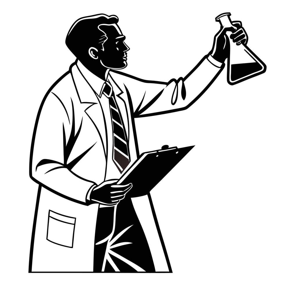 Illustration of a scientist examining a solution in a flask and holding a clipboard vector