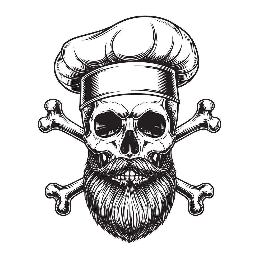 Chef skull with beard and crossbones intricate black and white illustration vector