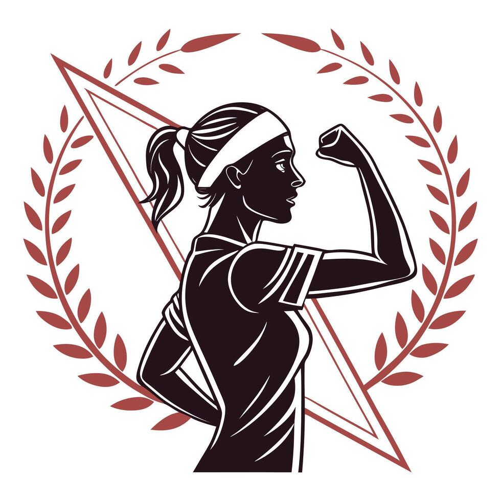 Strong athletic woman flexing muscle with laurel wreath and triangle shape design vector