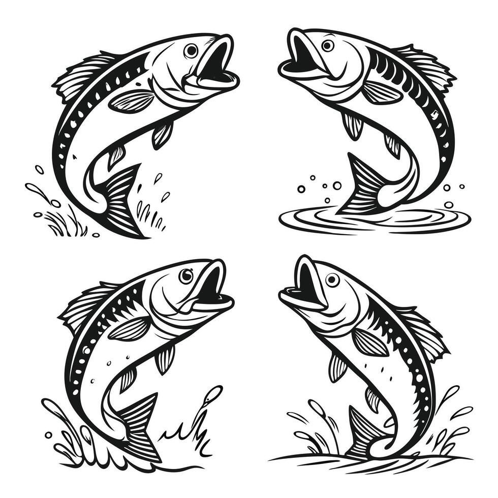 Jumping fish illustration set black and white outline style for fishing or seafood themes vector
