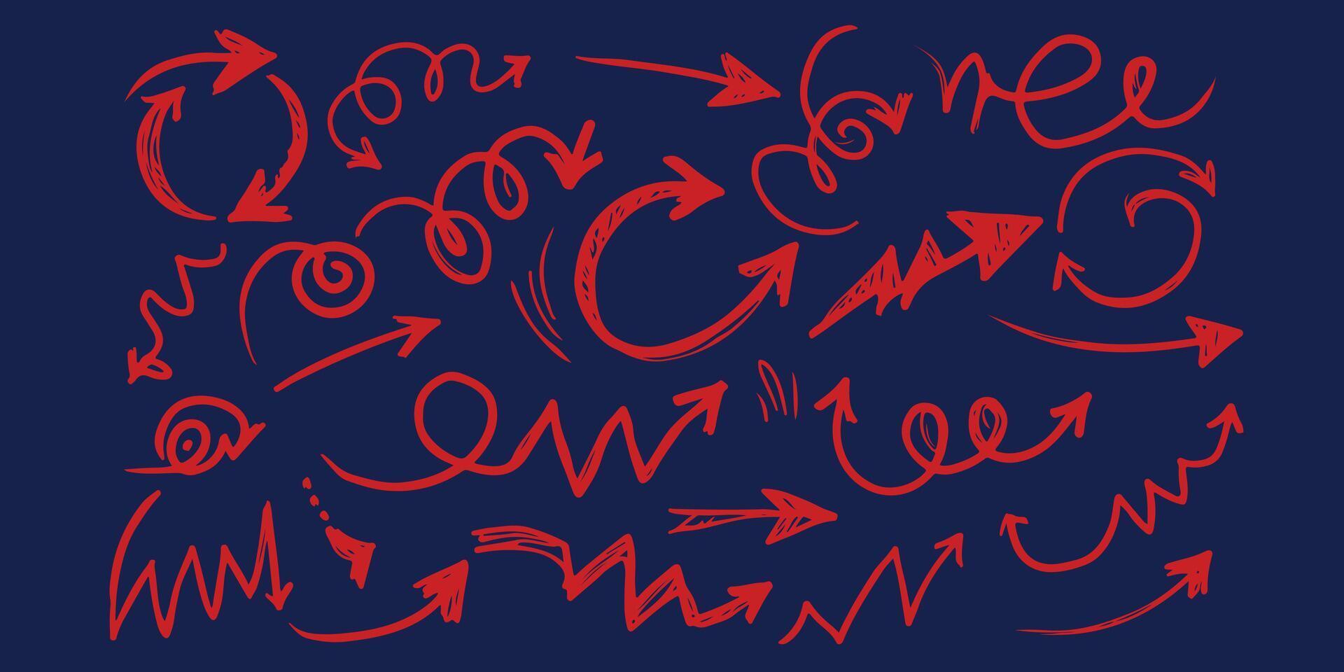 Red hand drawn arrows directional markings various styles on dark blue background vector