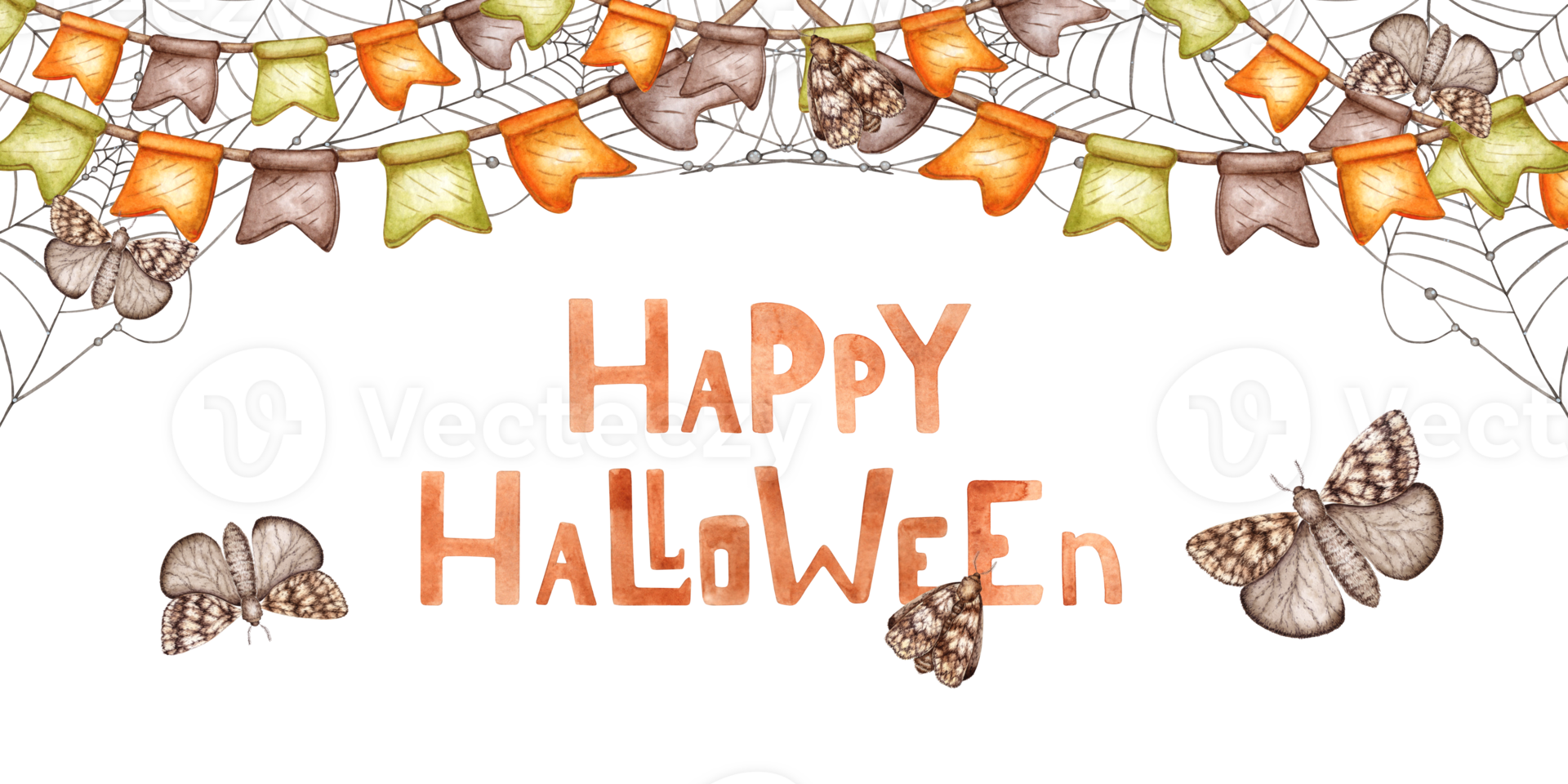 Garlands with flags, spider web and butterflies watercolor illustration. Hand drawn for Halloween with space for text. Isolated from background. Frame, template, framing, outline, banner. png