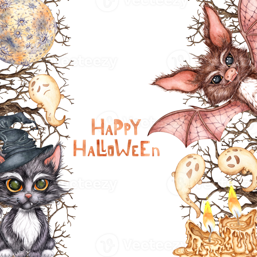 Kitten in witch hat, bat, dry branches, moon, ghosts and candles watercolor illustration. Hand drawn for Halloween with space for text. Isolated from background. Frame, template, framing, outline. png
