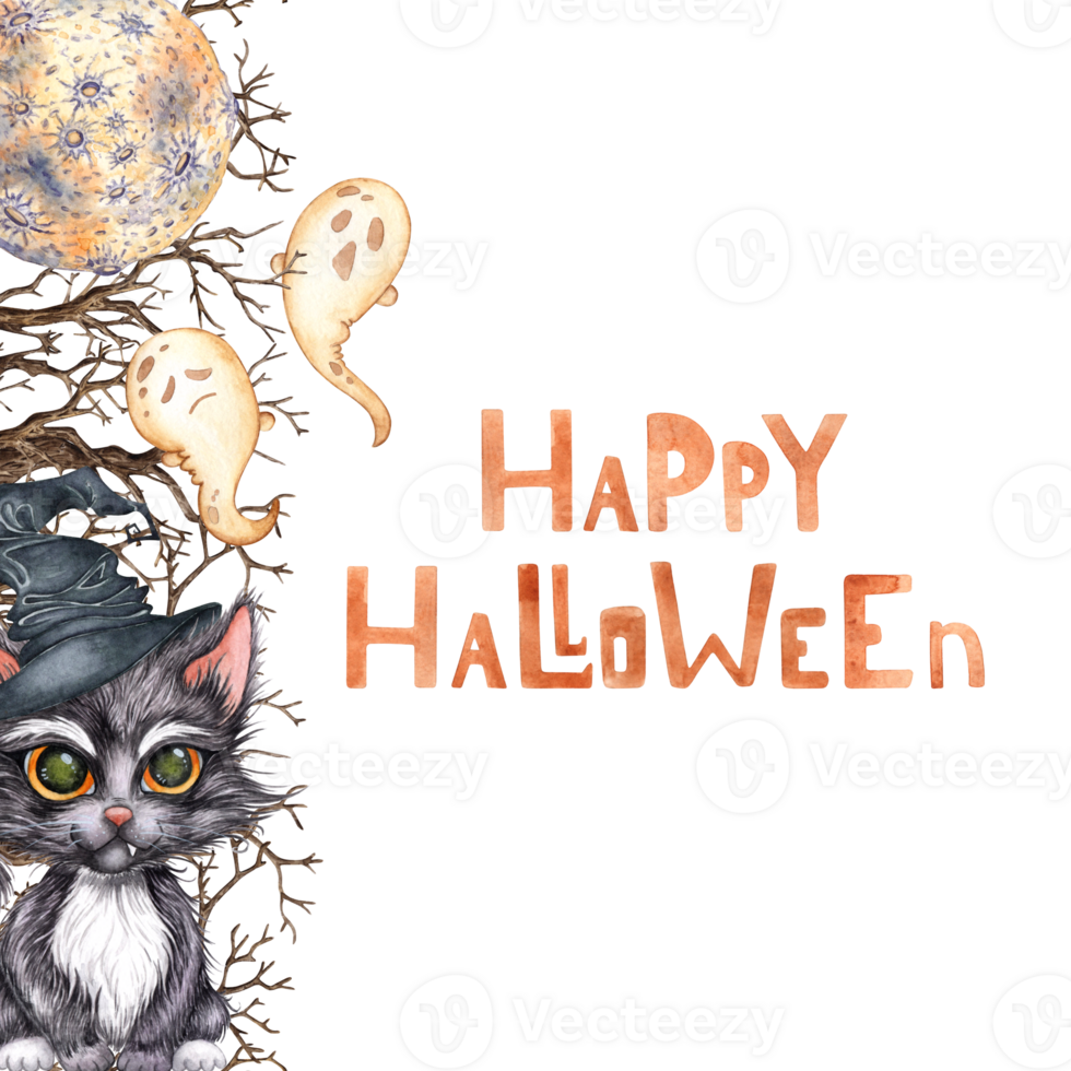 Kitten in a witch hat and the moon frame watercolor png