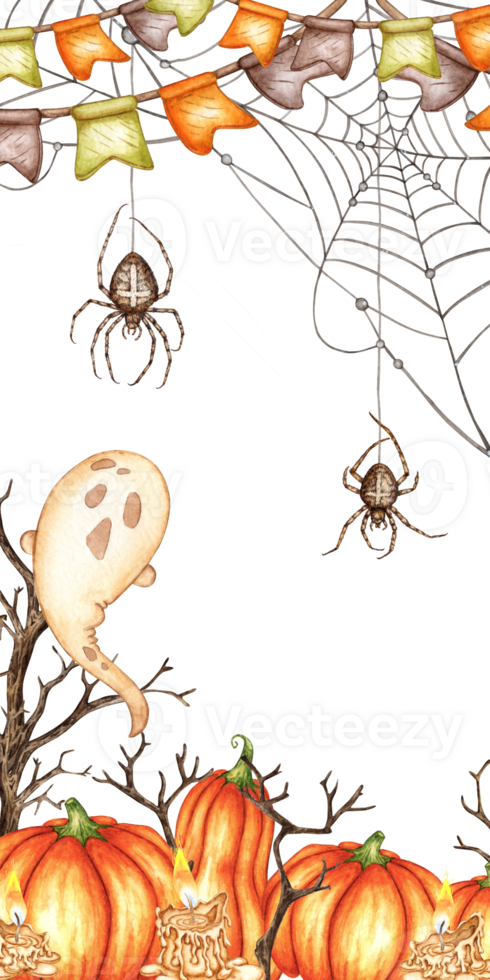 Ghost small, with cute creepy expression pumpkins candles, dry branches, garland and cobweb watercolor illustration. Halloween spirit isolated. Story, Frame, template, framing, outline, banner. png