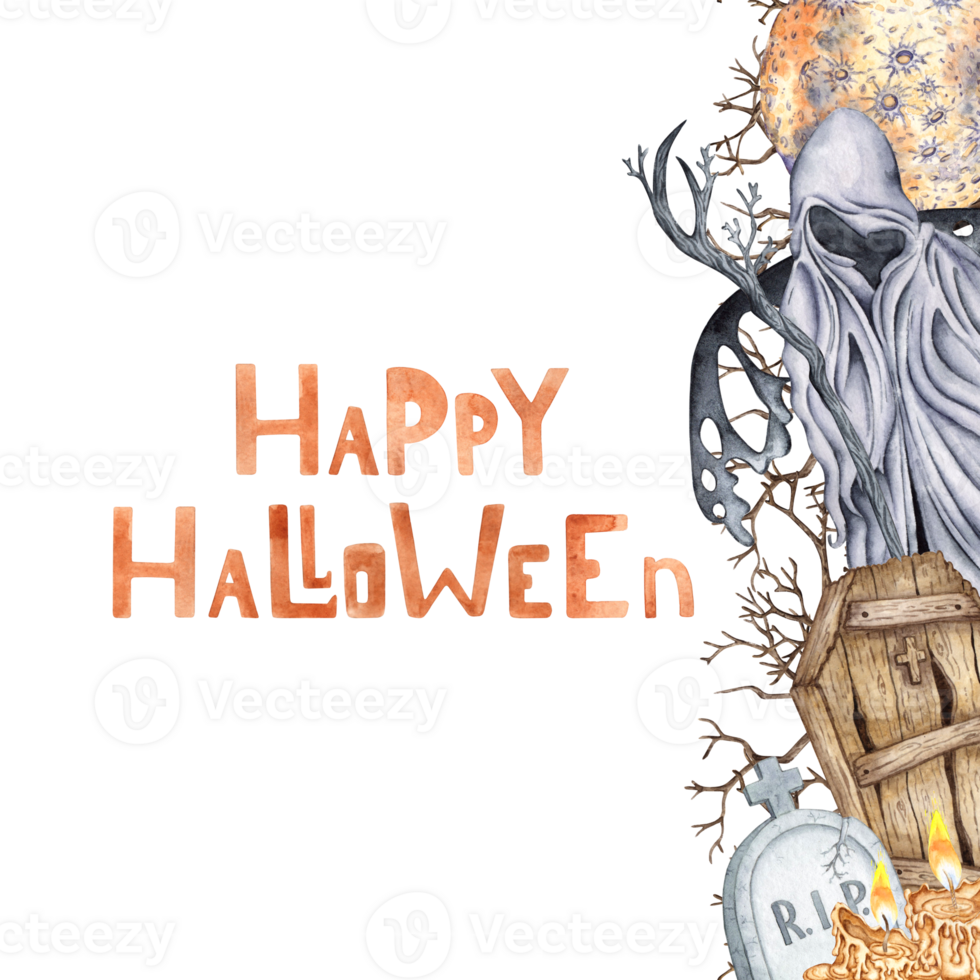 Reaper, dry branches, moon, coffin, tombstone and candles watercolor illustration. Hand drawn for Halloween with space for text. Isolated from background. Frame, template, framing, outline. png