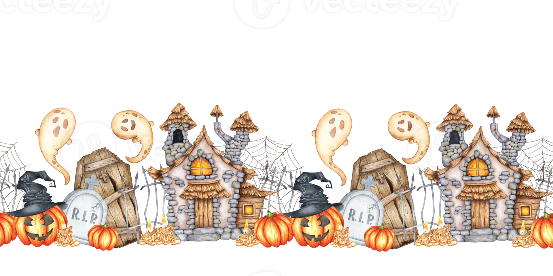 Castle with thatched roof, ghost, coffin, tombstone, pumpkins, candles and cobweb watercolor illustration. Hand drawn for Halloween. Isolated from background. Pattern is horizontal. png