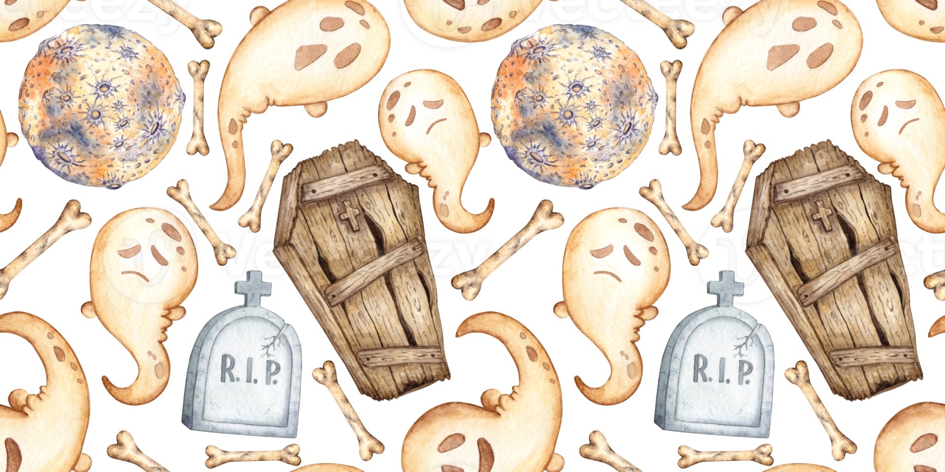 Ghost moon coffin and bones pattern watercolor png