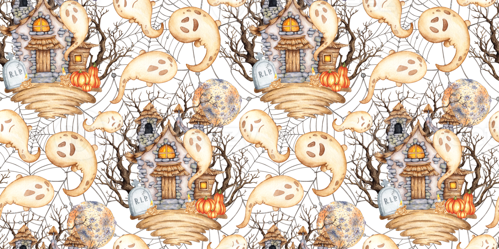 Castle old stone, with thatched roof, moon, tree, pumpkins, candles, ghosts and cobwebs watercolor illustration. Isolated from background. Pattern for Halloween decoration, scary stories png