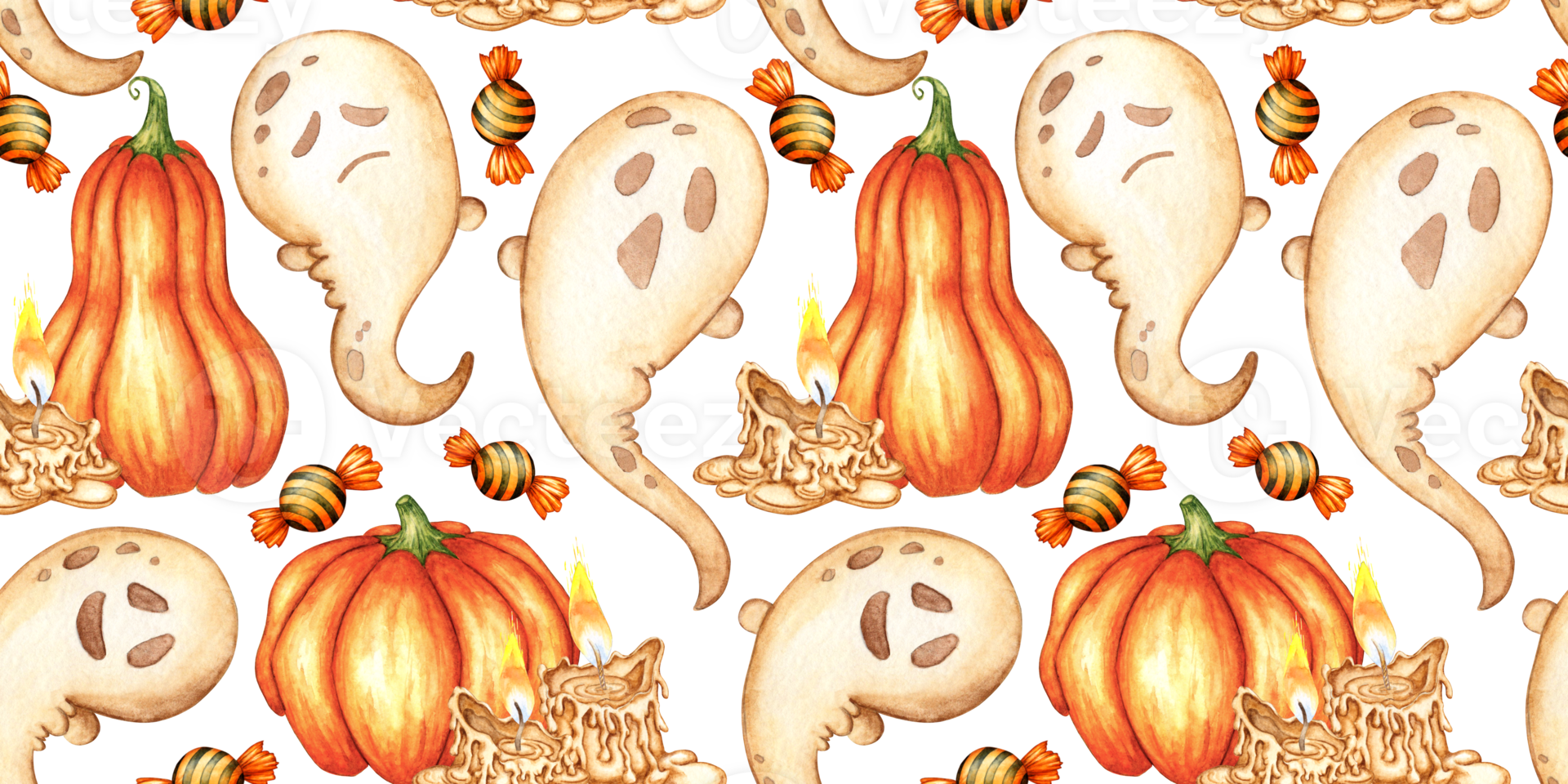 Ghost small, beige color, with cute creepy expression and pumpkins, candles, caramel watercolor illustration. Halloween spirit, isolated from background. Pattern perfect for holiday, children's design png