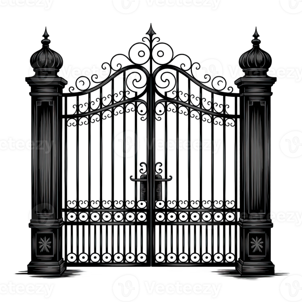 Ornate wrought iron gate with pillars on a transparent background creating a dramatic and gothic aesthetic png