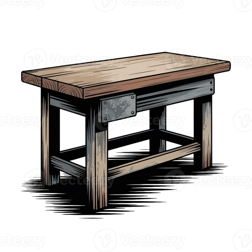 Illustration of a wooden workbench with metal supports isolated on a transparent background design asset png