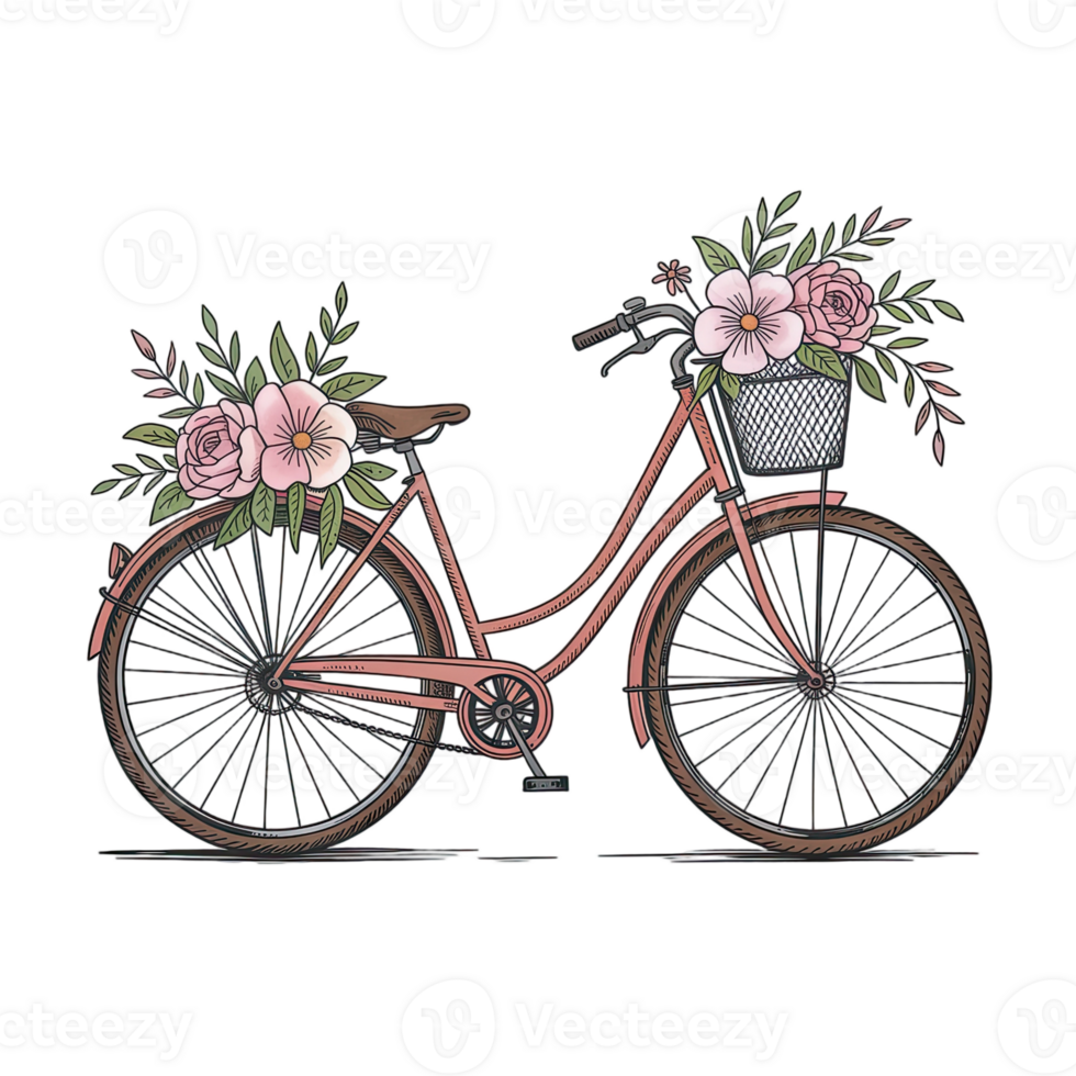 A vintage bicycle with flowers in the basket and on the back rack on a transparent background isolated png