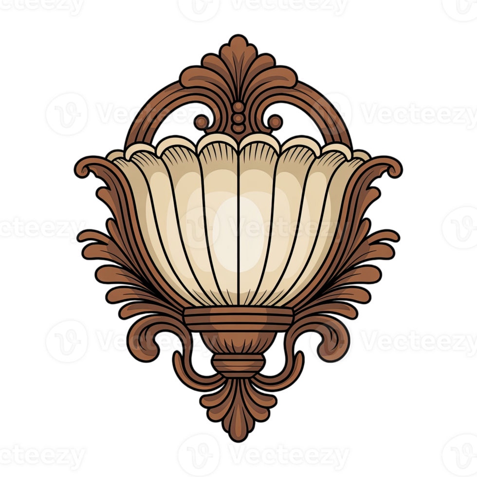 Ornate vintage wall lamp with brown floral design and a light bulb on a transparent background art png
