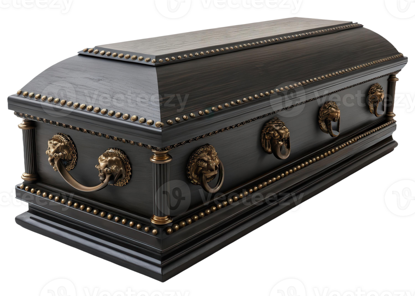 Ornate dark coffin with lion head handles and gold accents on a transparent background studio shot png