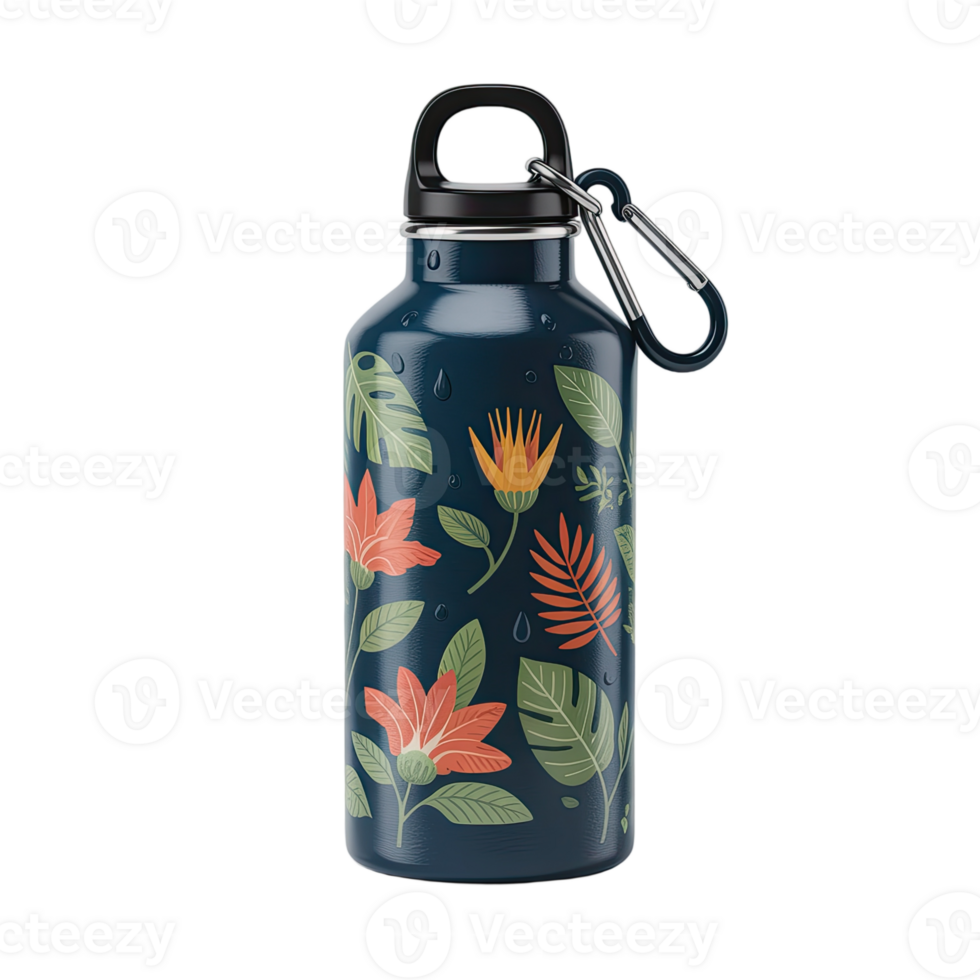 Close up of a blue metal water bottle with a floral design on a transparent background for stock images png