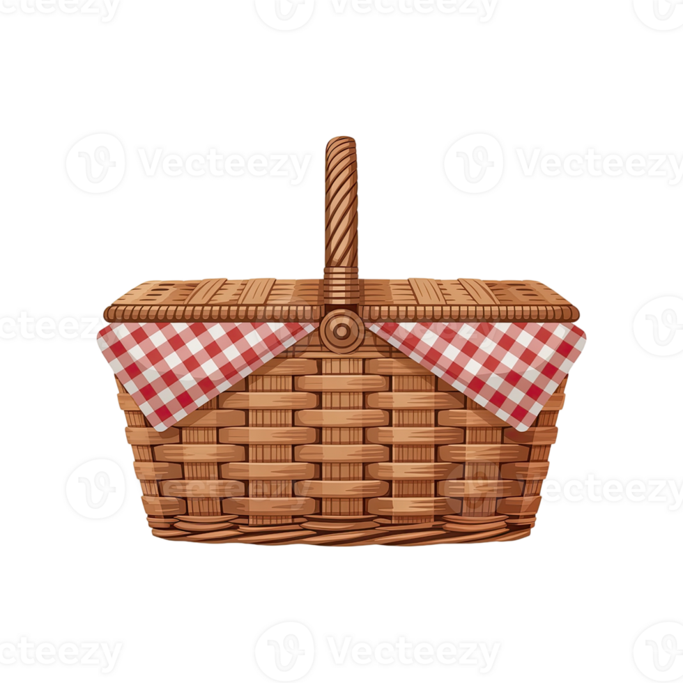 A picnic basket with red and white checkered cloth isolated on a transparent background in a cartoon style png
