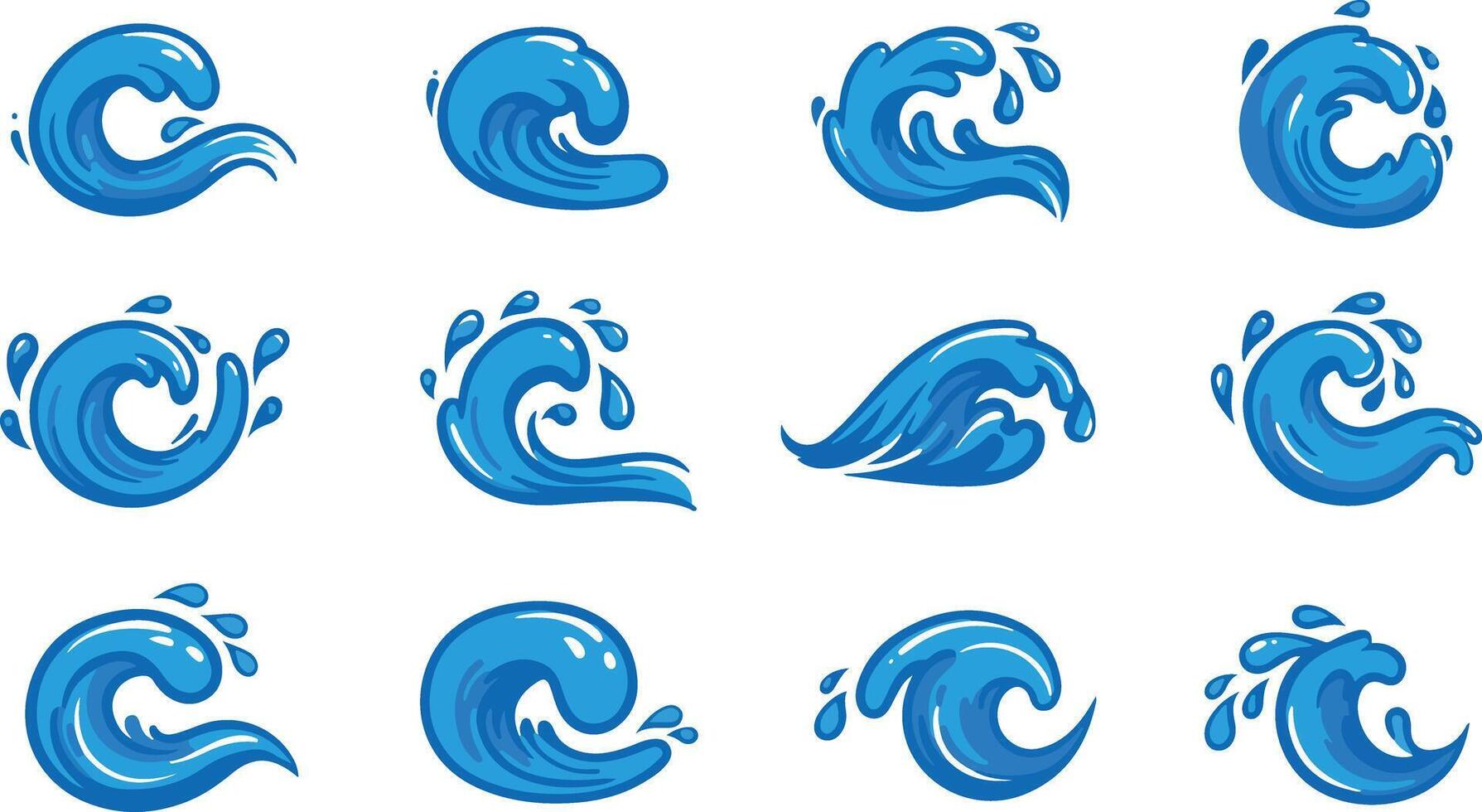 Cartoon style water wave illustrations blue ocean elements set with splashes and various shapes on white background vector