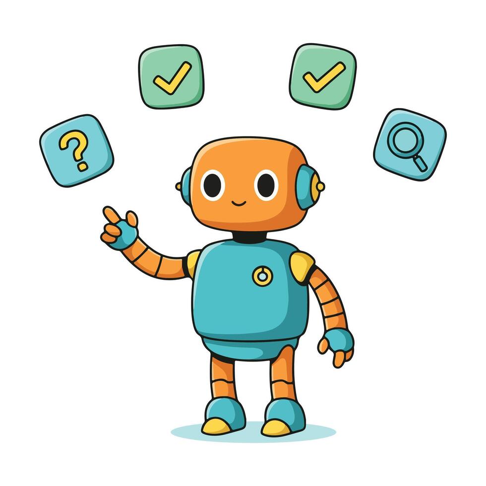 Cartoon robot character with question mark check mark and search icon illustrations vector