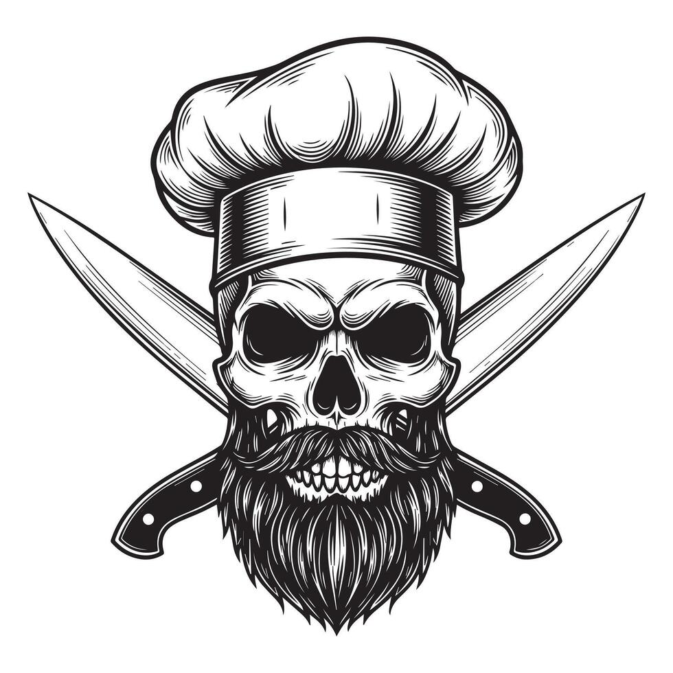 illustration of grim chef skull with knives and beard in black and white vector