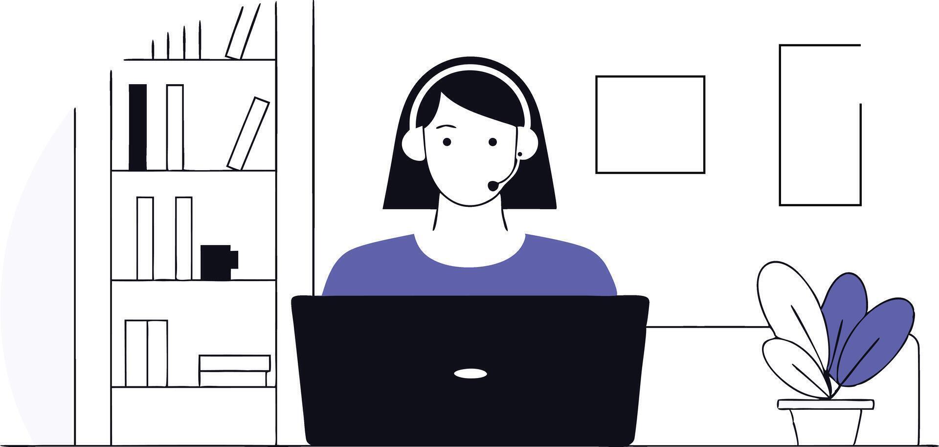 Remote work illustration of woman at laptop with headset in home office vector