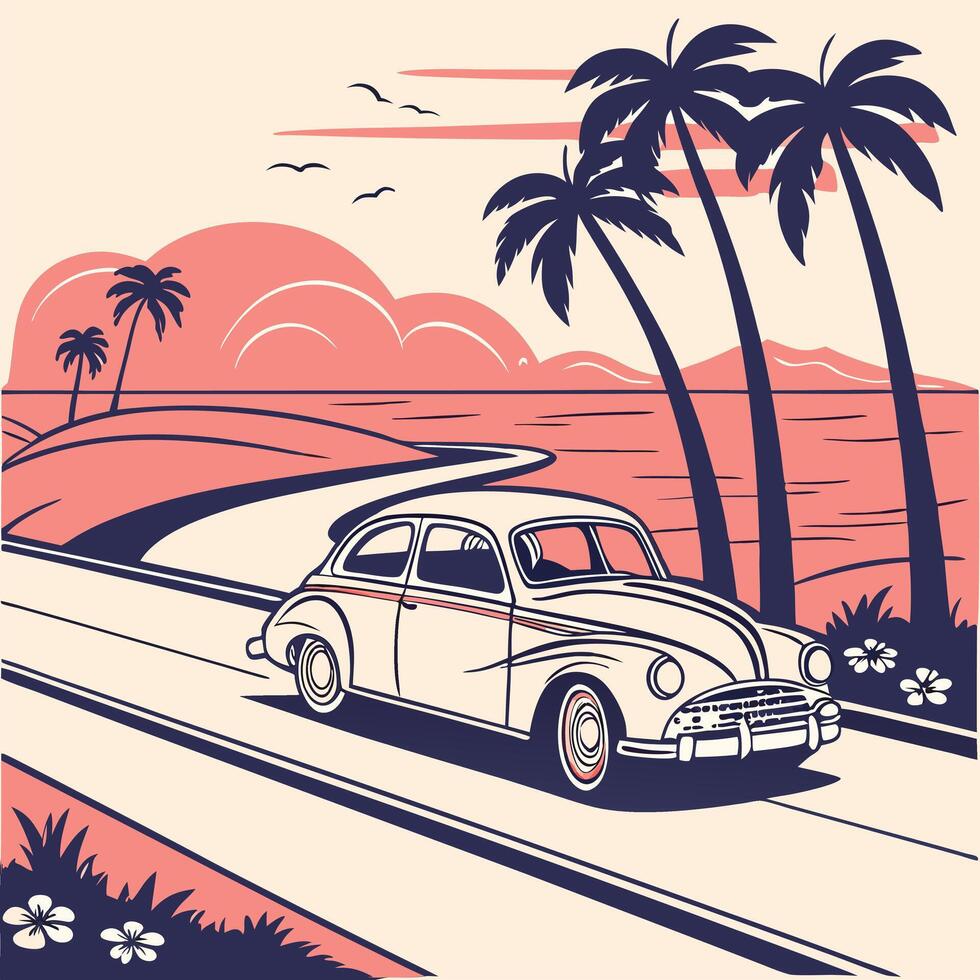 Retro car driving along coastal road with palm trees and ocean view vector