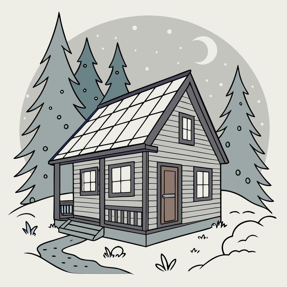 Cozy winter cabin illustration with snow covered roof in a forest scene vector