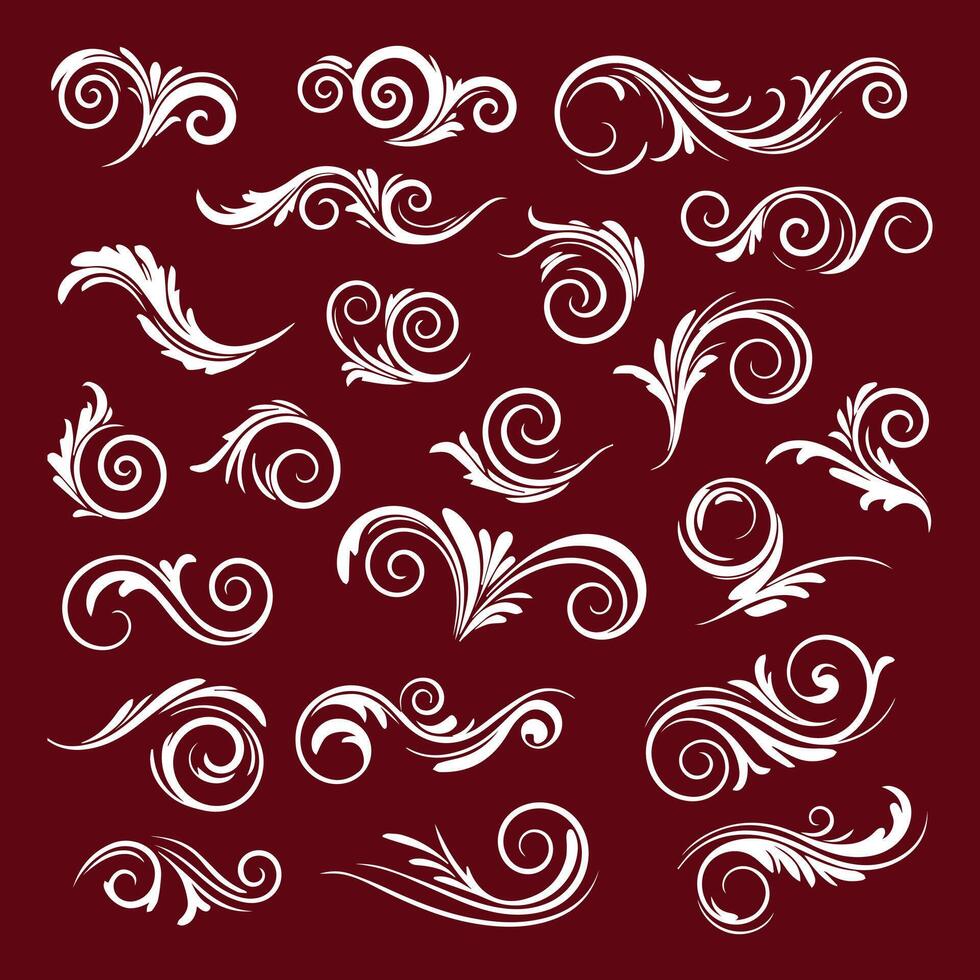 Elegant flourish pack with swirling ornaments and decorative filigree on maroon background vector