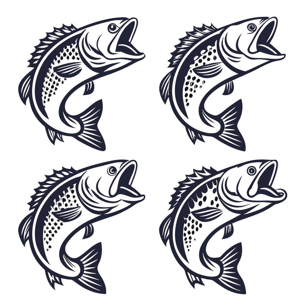 Jumping bass fish illustration seamless pattern monochrome fishing theme wildlife design vector