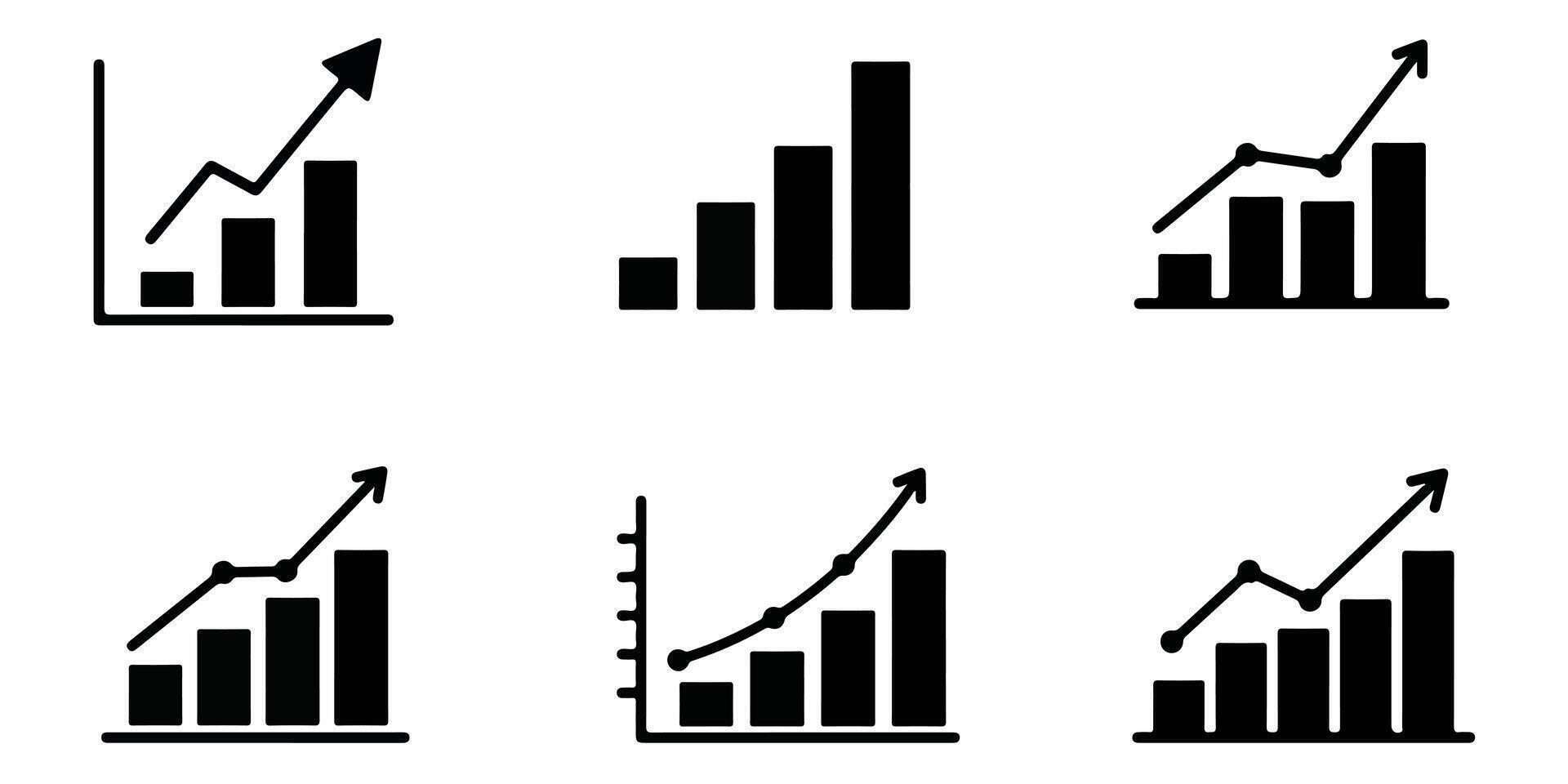Simple black and white bar graphs with upward trending arrows showing growth and success vector