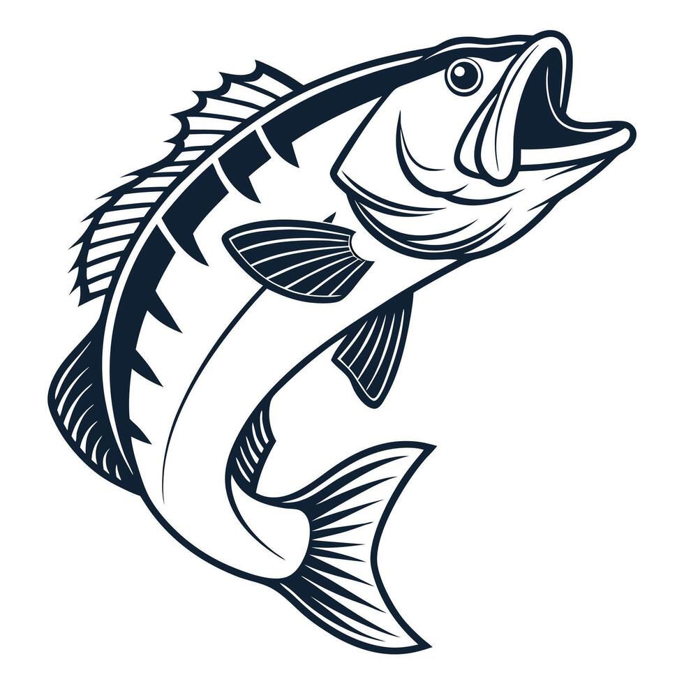 Bass fish jumping line art illustration for fishing sport and wildlife enthusiasts vector