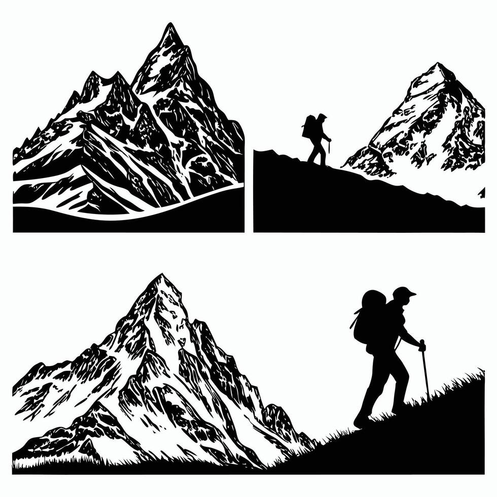 Mountain climbing adventures black and white silhouette set with hiking and wilderness vector