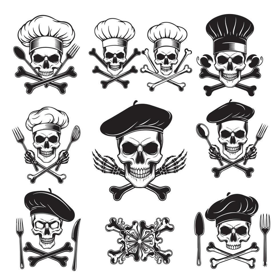 Chef skull and crossbones collection depicting culinary danger in black and white style vector
