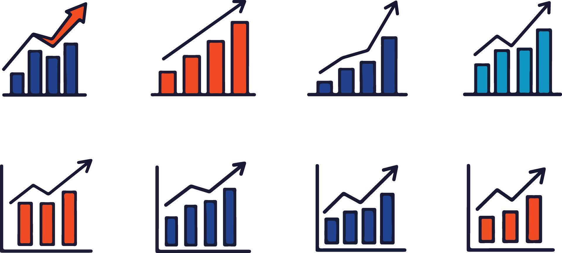 Collection of simple bar chart graphs with upward trending arrows for business and financial presentations illustrations vector