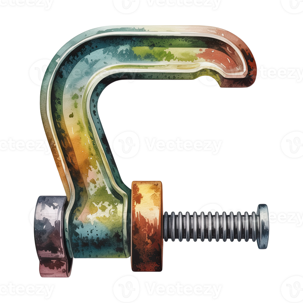 Watercolor illustration of a c clamp tool with colorful paint splashes on a transparent background png
