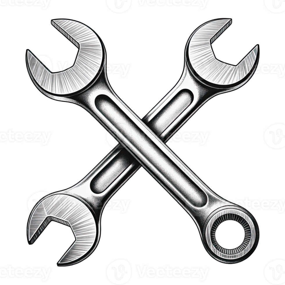 Two silver wrenches crossed on a transparent background creating a repair or maintenance concept image png