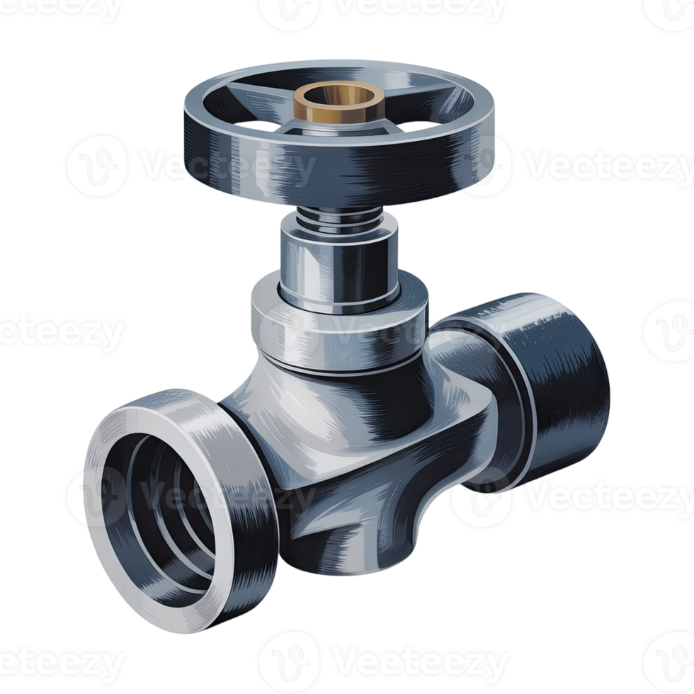 Illustration of a metal valve used in plumbing or industrial applications on transparent background png